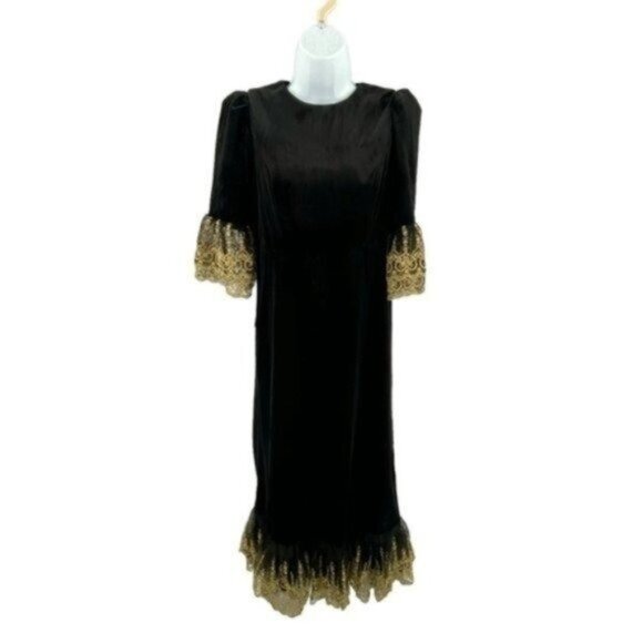 Pomander Place Black Velvet Lillith Gold Embroidered Lace Maxi Dress Size XXL - Picture 6 of 15